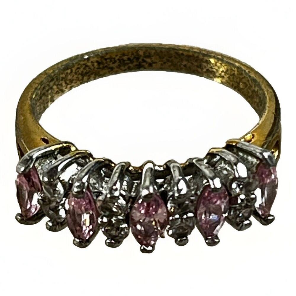 Vintage 14k HGE Gold Plated w/ Synthetic Marquise Pink Ruby & CZ Ring- Size 7.5